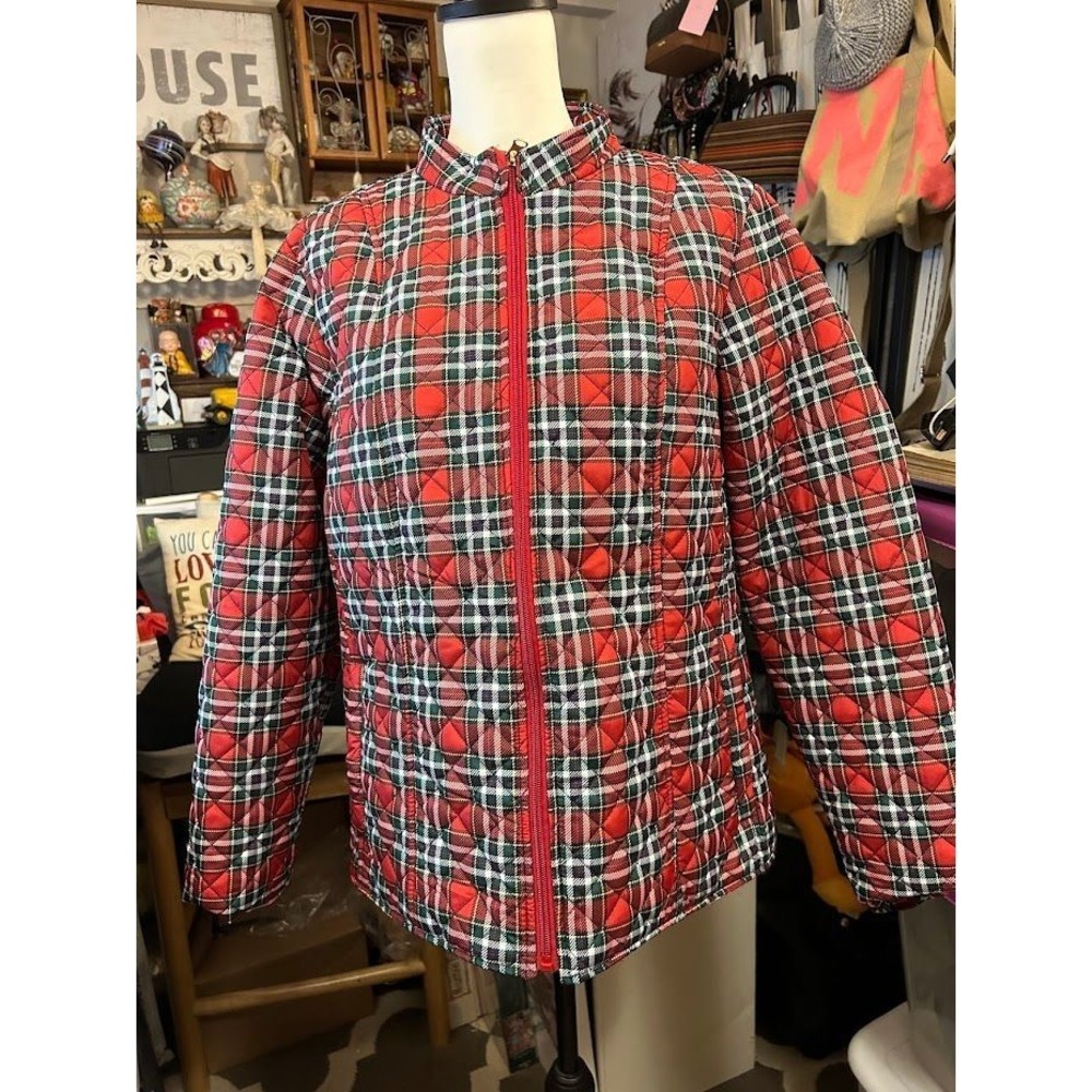 NWT Kim Rogers Women Green Red Plaid Quilted Padded Lined Puffer Winter Jacket